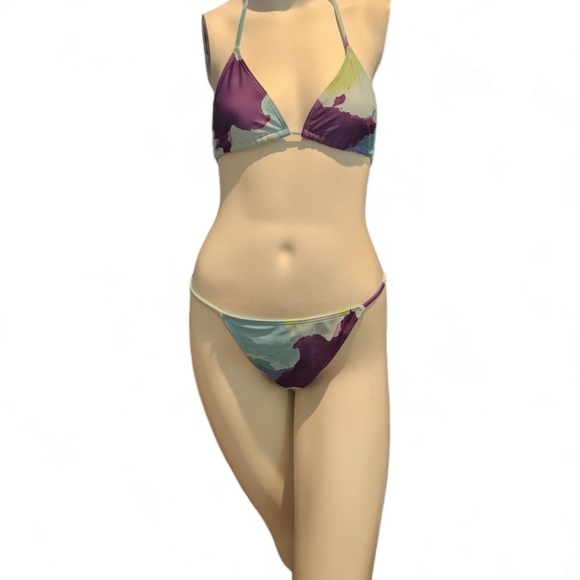 Multicolor triangle Itty bitty string bikini cheeky purple blue green L cover-up - Picture 2 of 7